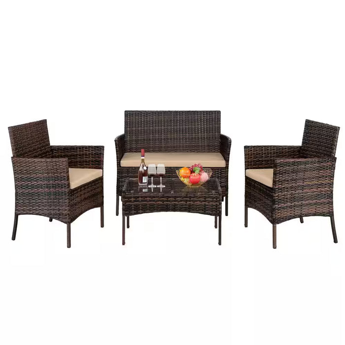 4-Piece Wicker Patio Conversation Set with Beige Cushions