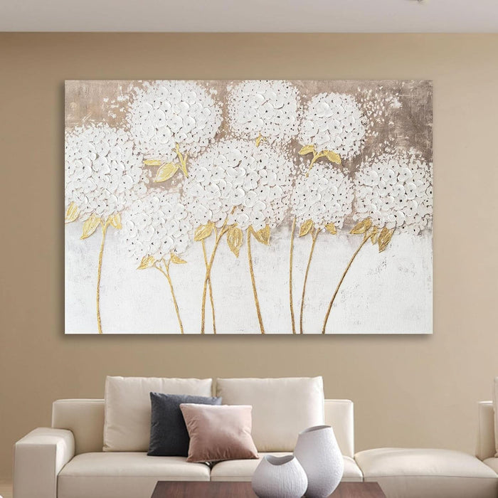 Large Hand Painted Wall Art White Hydrangea Canvas Wall Decor, Modern Floral Wall Decor, 3D Textured Oil Painting, Large Canvas Wall Art for Living Room Bedroom Office Decoration 40X28 Inch