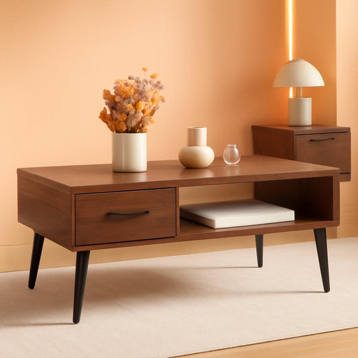 Coffee Table, Mid Century Modern Center Table for Living Room with Storage, Walnut Tea Table with Drawer, Open Storage Shelf, Floor-Anti-Scratching Pine Leg for Home, Office(Dark Brown)