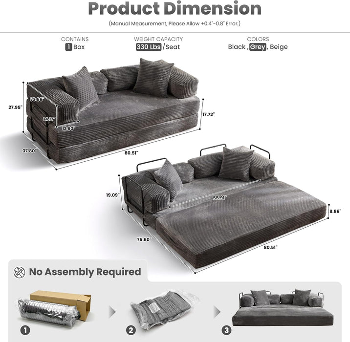 Grey Corduroy 81 Inch Ultracomfort Foldable SofaBed