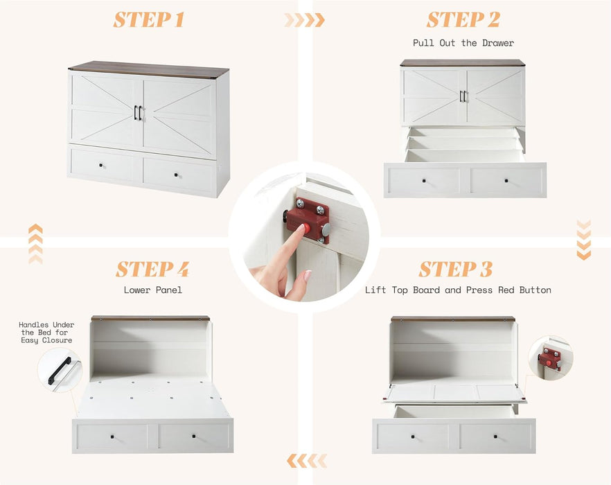Full Murphy Bed with Storage & Charging Station, Farmhouse Murphy Cabinet with Foldable Panel, Noisy Free, for Guest Bedroom, Living Room, Office, Distressed White