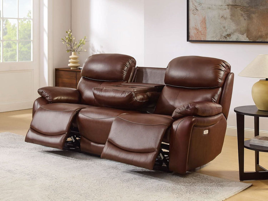 Brown Power Top Grain Leather Recliner Sofa Loveseat Set with USB Port, Genuine Leather Living Room Recliner Furniture Sofa Set, Reclining Couch Loveseat with Cup Holders.