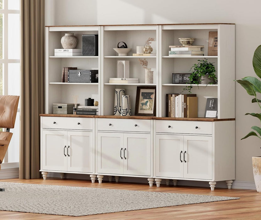 5 Tier Bookshelf 72" Tall Bookcase with Barn Doors, Large Farmhouse Display Book Shelf with 3 Drawers and Storage Cabinet, 3-In-1 Library Wood Bookshelves for Living Room or Kitchen, White