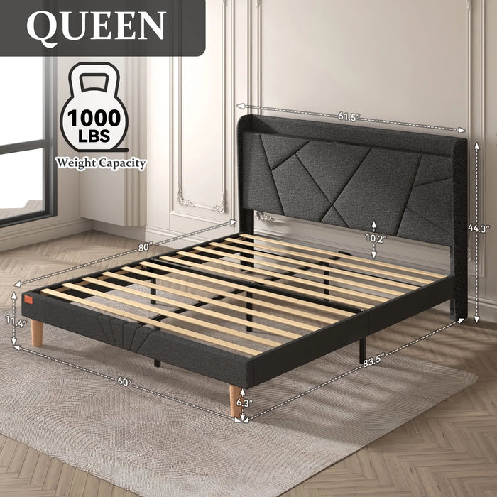 Queen Bed Frame with Charging Station, Upholstered Platform Bed with Wingback Storage Headboard, Dark Gray