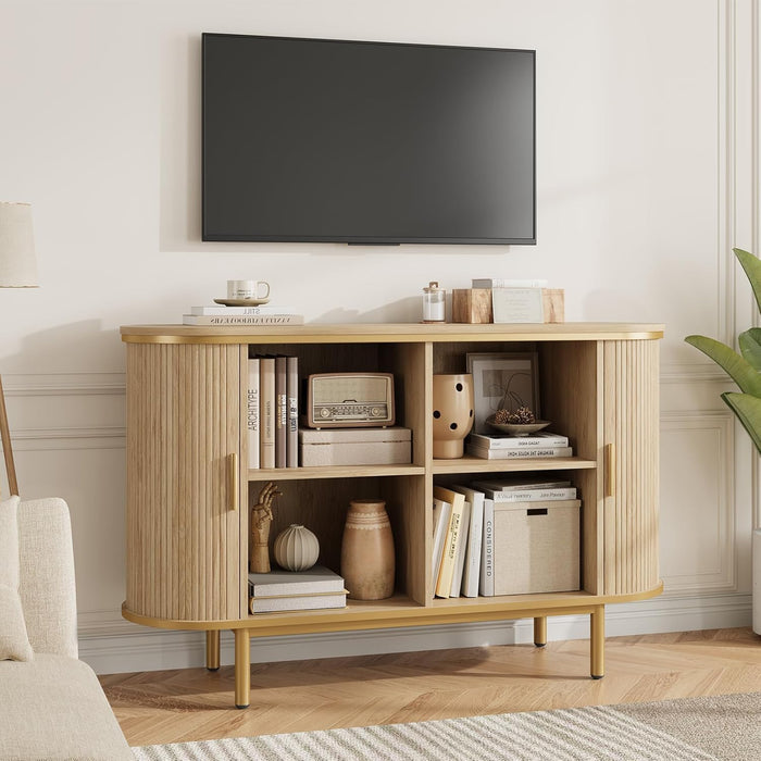 Console Table with Sliding Tambour Doors, 47" TV Stand with Storage & Adjustable Open Shelves for Tvs up to 55", Modern Entryway Table for Living Room, Foyer, Hallway, Natural Oak
