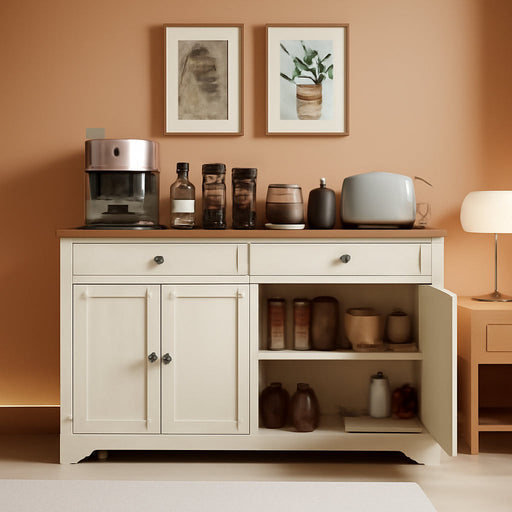 Siren Collection - Buffet Cabinet, Farmhouse Coffee Bar Cabinet with 2 Drawers, Adjustable Shelves, 4 Doors, Sideboard, 15.8 X 55.1 X 31.5 Inches, Rustic White and Honey Brown ULSC541WJ01S