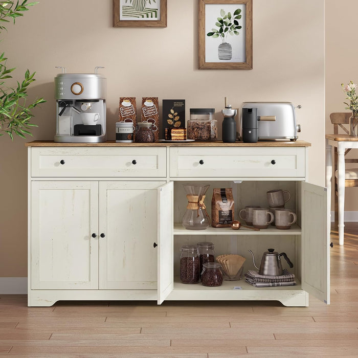 Siren Collection - Buffet Cabinet, Farmhouse Coffee Bar Cabinet with 2 Drawers, Adjustable Shelves, 4 Doors, Sideboard, 15.8 X 55.1 X 31.5 Inches, Rustic White and Honey Brown ULSC541WJ01S