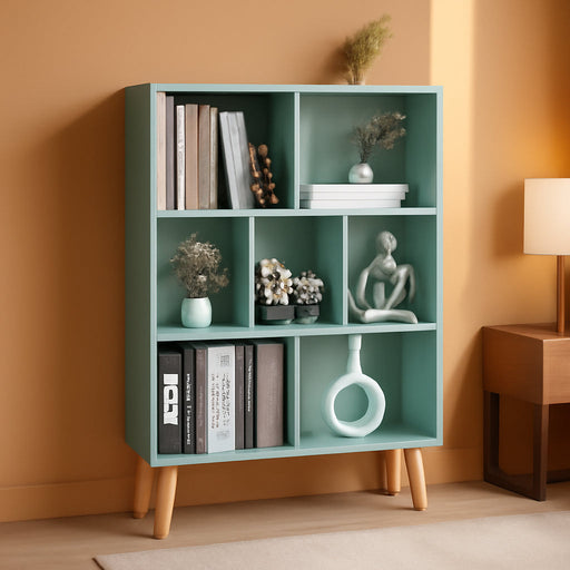 7 Cube Bookshelf 3-Tier Bookcase with Legs, Mint-Green Kids Book Shelf Cute Storage Organizer, Toy Shelves Bookshelves,Wood Display Bookcases