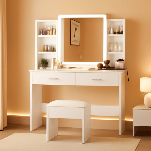 Vanity Desk with Mirror and Lights, Makeup Vanity Set with Cushioned Stool, Power Outlet, Makeup, 6 Storage Shelves, 2 Large Drawers and 3 Color Adjustable Brightness, White