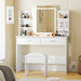 Vanity Desk with Mirror and Lights, Makeup Vanity Set with Cushioned Stool, Power Outlet, Makeup, 6 Storage Shelves, 2 Large Drawers and 3 Color Adjustable Brightness, White
