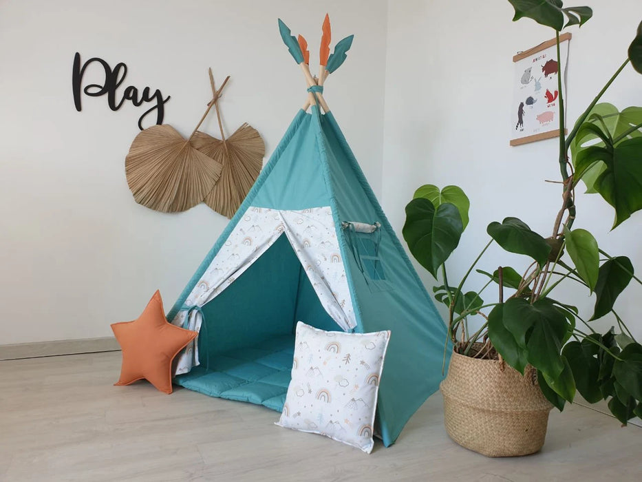 Large Kids Teepee Tent with Padded Mat , Kids Playhouse , Indoor Playzone , Rainbow Teepee Print , Turquoise Color Teepee