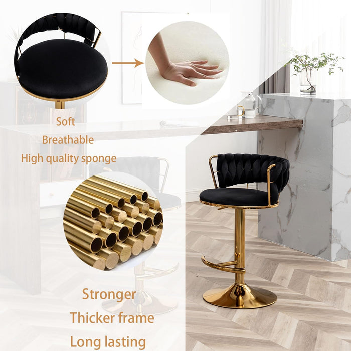 Velvet Bar Stools Set of 3, Counter Height Barstools with Low Back, Gold Swivel Bar Stool for Kitchen Island, Pub (Black)