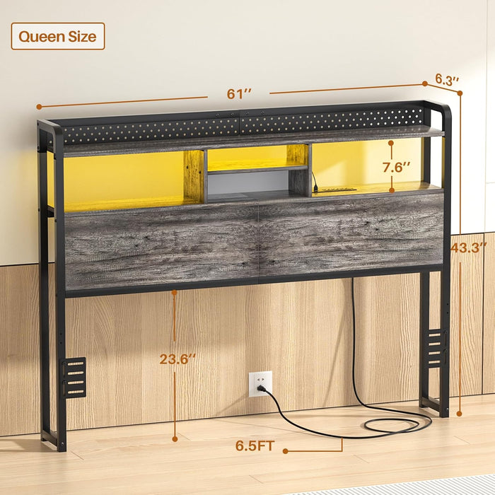 Headboard for Queen Size Bed with Storage Shelf, Head Board with 3 Outlets and 2 USB Ports, Headboards with RGB LED Light, Height Adjustable, Sturdy and Stable, Easy Assembly, Black Oak