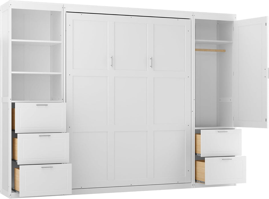 Queen Size Murphy Bed with Wardrobe and Storage Drawers & Storage Shelf,Wall Bed Frame Folding into Cabinet Design for Small Space,Bedroom,Guest Room,White