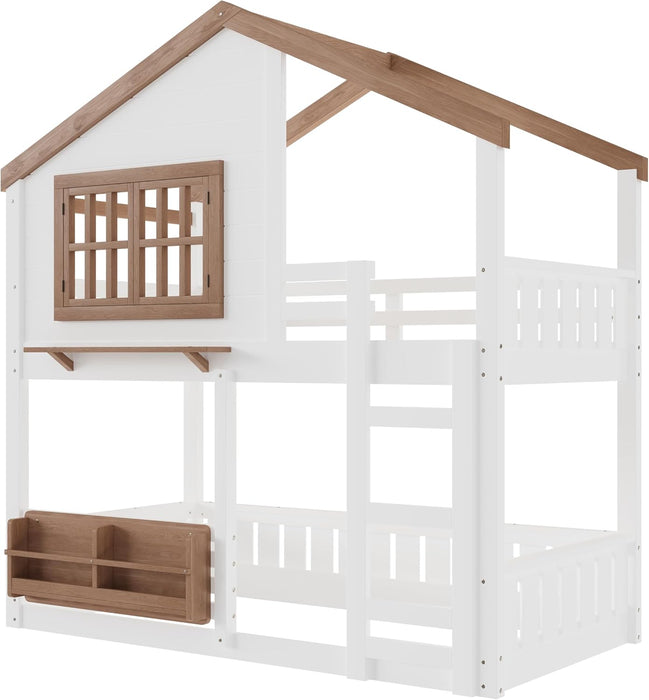 Twin Bunk Bed With Bookshelves Beige LinenFinishPremium