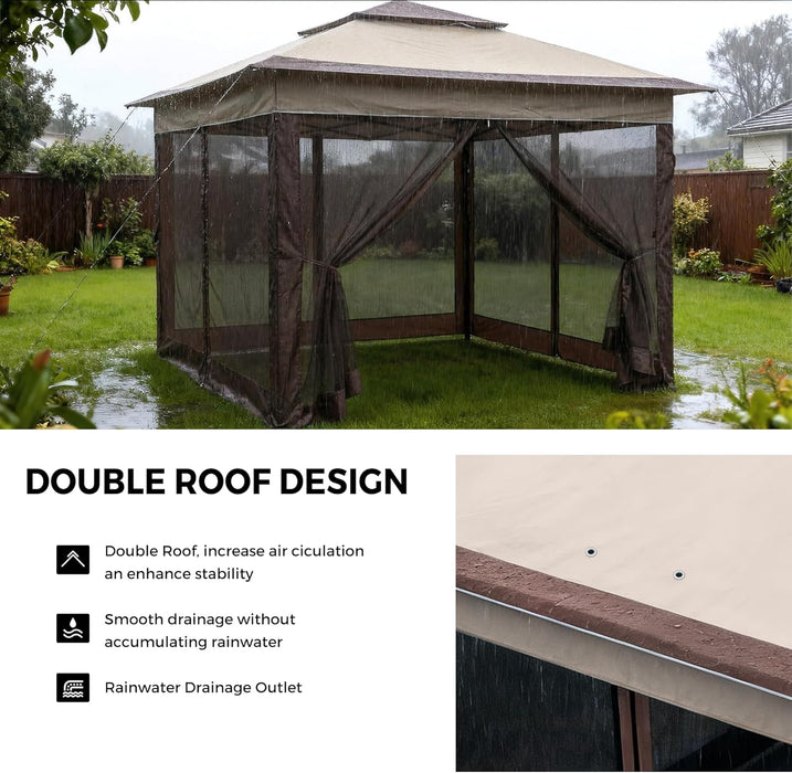 11X11 Pop up Gazebo Tent with Netting,Outdoor Canopy Shelter Easy Setup with Upgrade Wheeled Storage Bag,3 Height Positions& Water-Resistant for Family Patio & Garden Use (Khaki)