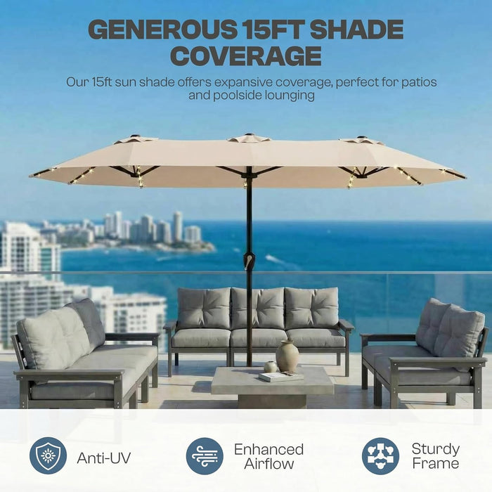 15FT Patio Umbrella with Solar Lights, Double-Sided Extra Large Outdoor Table Umbrella with Base Included, Heavy-Duty 12 Iron Ribs Market Umbrella for Garden, Pool, Backyard, Beige