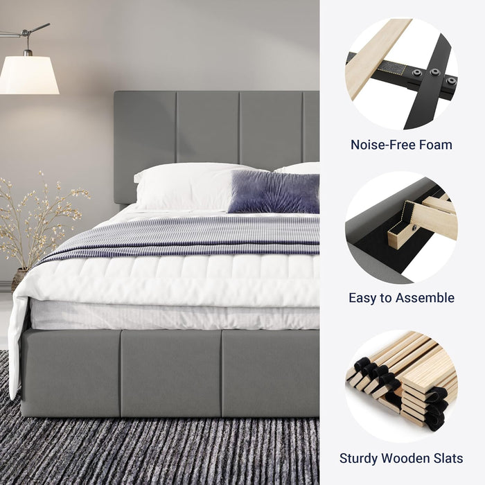 King Size Dutch Velvet Upholstered Platform Bed Frame/Vertical Channel Tufted Adjustable Headboard/Low Profile Bed Frame/No Box Spring Needed/Easy Assembly/Grey