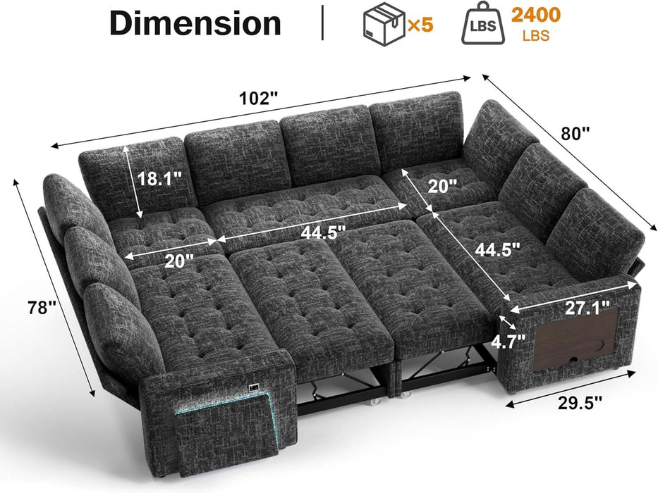 8 Seat U Shaped Modular Sectional Sleeper Sofa with Pull Out Bed/Reclining Backrest/Usb Ports/Table/Led Light/Storage Seat, Sectional Sleeper Couch, Tool-Free Assembly, Chenille Black