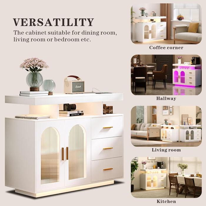 Sideboard Buffet Cabinet with Charging Station, Coffee Bar Table with RGB LED Light, Auto-Sensor Design, Bar Cabinet with Storage with 3 Drawers and 2 Doors for Kitchen, Dinning(White)