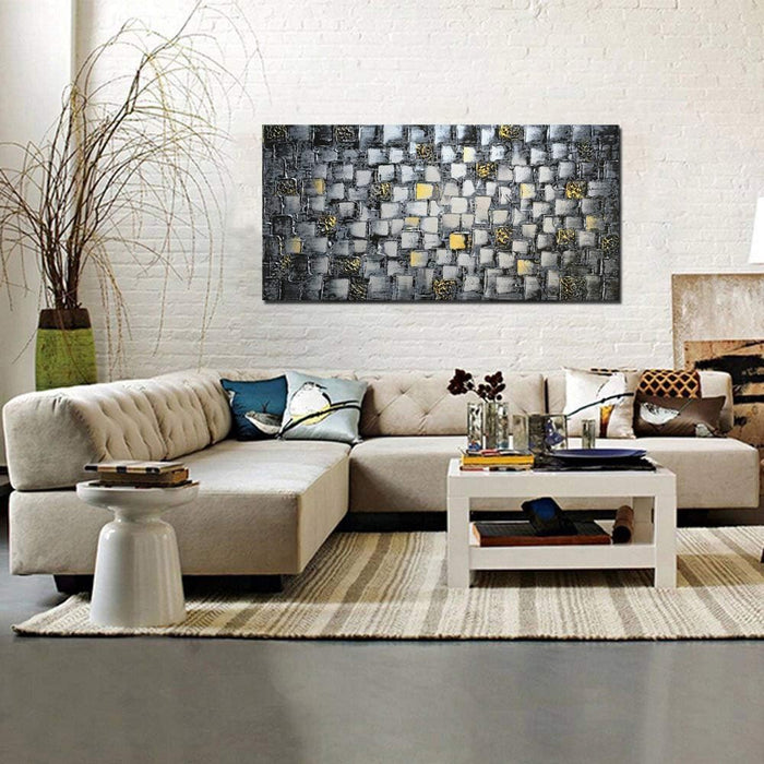 Large Thick Abstract Dark Silver Add Golden Square Wall Art Hand Painted Artwork Textured Oil Painting on Canvas Framed Ready to Hang 60X30Inch