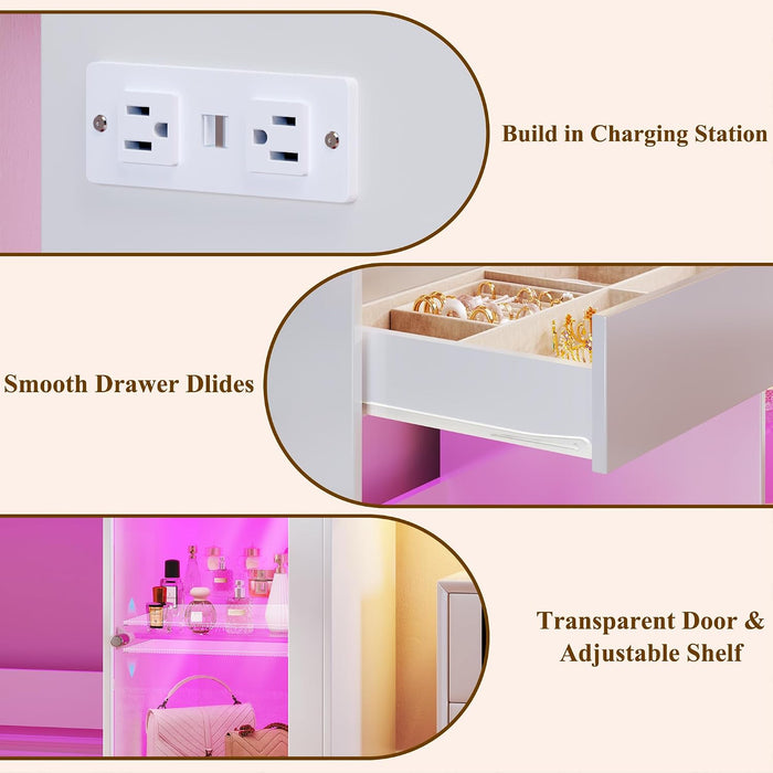 Vanity Desk with Mirror & RGB Lights, White Makeup Vanity Table with 2 Transparent Top Large Drawers & RGB Cabinet, Vanity Desk with LED Lighted Mirror 3 Colors, Power Outlets, Flip-Up Drawer