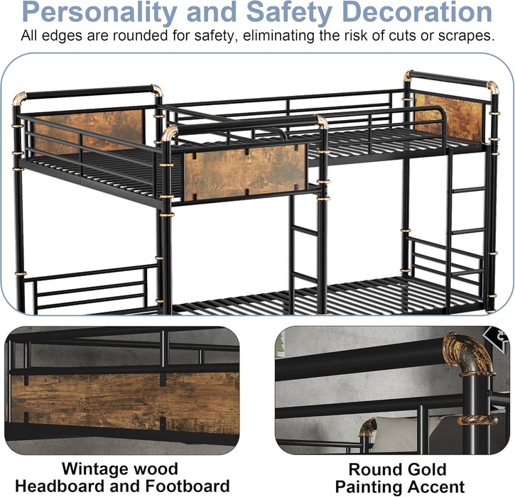 Quad Bunk Bed, Heavy Duty Metal 4 Bunk Beds for Kids with Ladders, Detachable Industrial L-Shaped Bunk Beds, Space Saving Design,Can Be Divided into 3 Twin Beds, Black