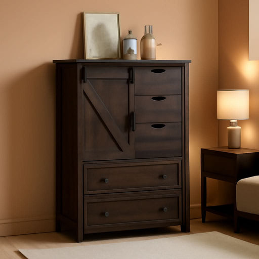 Farmhouse 5 Drawers Dresser for Bedroom, 48" Tall Dresser W/Sliding Barn Door, Rustic Dresser 5 Chest of Drawers, Storage Organizer Dresser for Bedroom, Hallway, Living Room, Dining Room, Espresso
