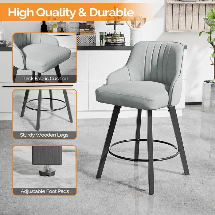 26" H Swivel Barstools Set of 2, Linen Fabric Upholstered Counter Stool with Back, Kitchen High Chairs Counter Height Bar Stools with Cushion, Solid Wood Legs, Grey