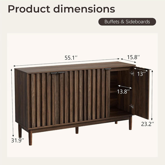 55" Fluted Buffet Cabinet with Storage, Accent Cabinets, Walnut