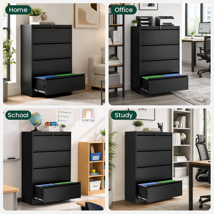 4 Drawer Lateral File Cabinet, Metal Filing Cabinet for Home Office, Black