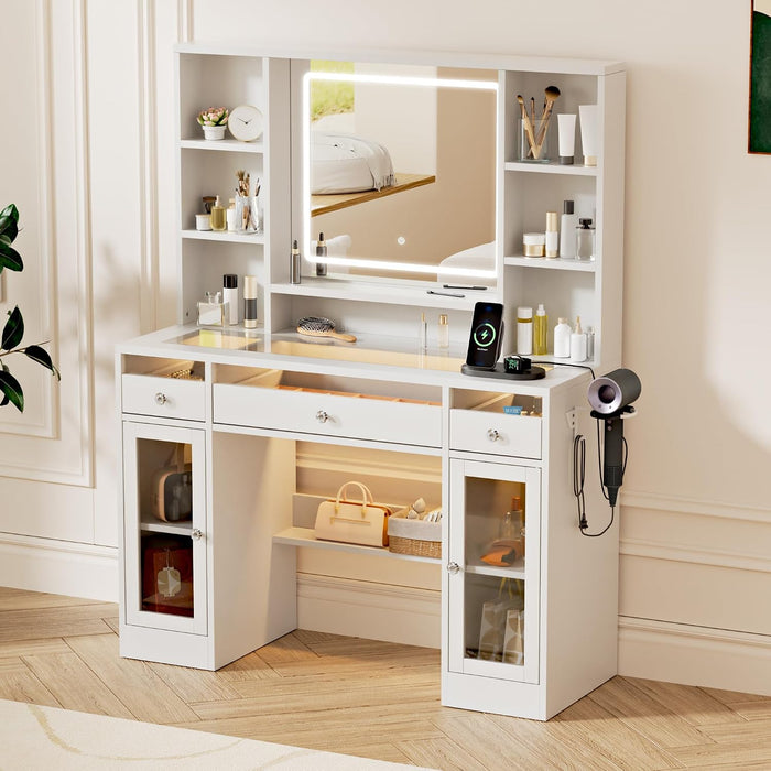 43.3" White Large Makeup Vanity Desk with Glass Top & RGB Lights | Smart LED Mirror, Acrylic-Cabinet, Charging-Station, Hairdryer-Rack