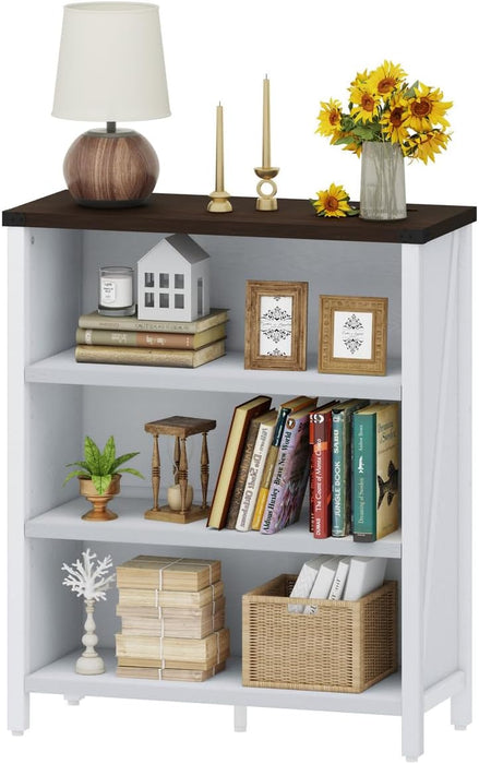 Three Tier TwoTone SolidWood Bookshelf WhiteOak Storage