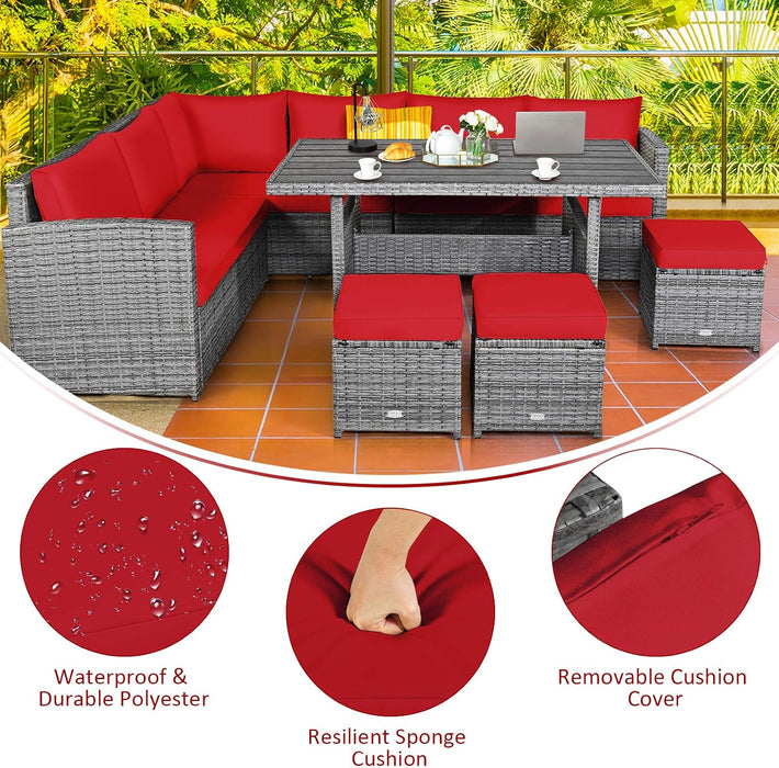 7 Pieces Patio Furniture Set, Outdoor Sectional Rattan Sofa Set with Cushions, All Weather Wicker Conversation Couch Set W/Dining Table & Ottomans for Backyard Garden Poolside