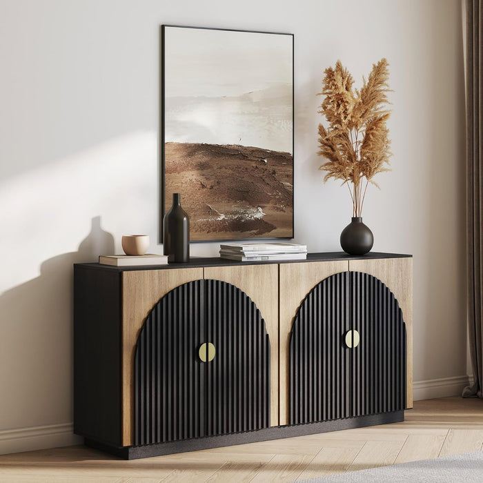 65 Inch Fluted Buffet Cabinet with Storage, Symmetrical Arc Accent Sideboard Large Console Table for Dining Room, Kitchen, and Living Room (Camel)