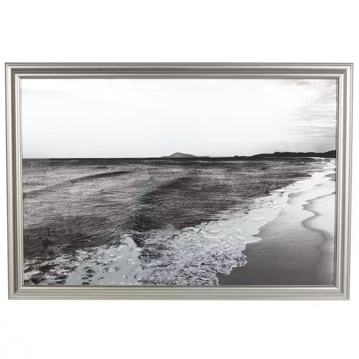 1-Panel Framed Landscape Textured Ocean Wall Art with Black and White Accents 36 In. X 51 In.