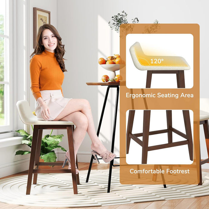 24" Bar Stools Set of 2, Upholstered Counter Height Barstools with Low Back, Footrest, Armless Wood Bar Chairs for Kitchen Island, Dining Room, Brown & Beige