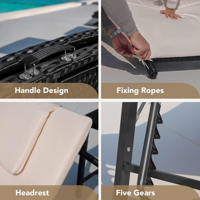 Patio Chaise Lounge Sets Outdoor Rattan Adjustable Back 3 Pieces Cushioned Patio Folding Chaise Lounge with Folding Table (Beige)