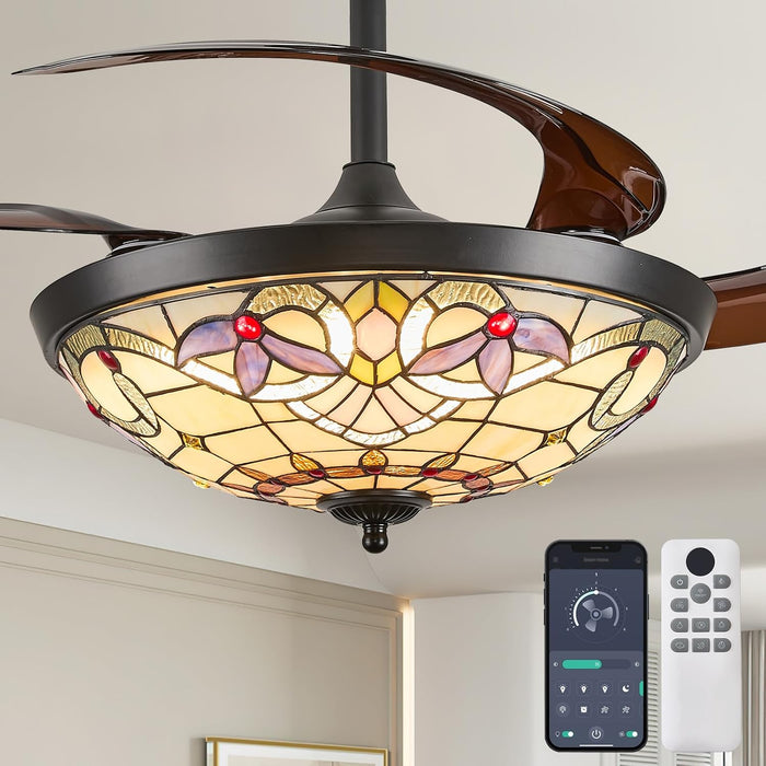 48" Tiffany Retractable Ceiling Fan with Light - (Red Dot, Black)