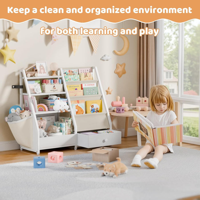 Kids Bookshelf and Toy Storage - Book Shelf for Kids Rooms, Toddler Bookshelf Baby Bookcase for Nursery, Montessori Toy Organizer, White