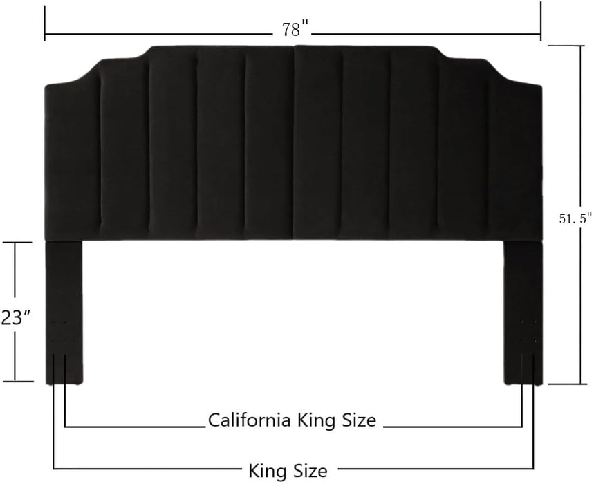 Black Velvet Tufted King Upholstered Headboard, Modern Vertical Channel Design California King Headboard with Stepped Silhouette Top Edge,Black