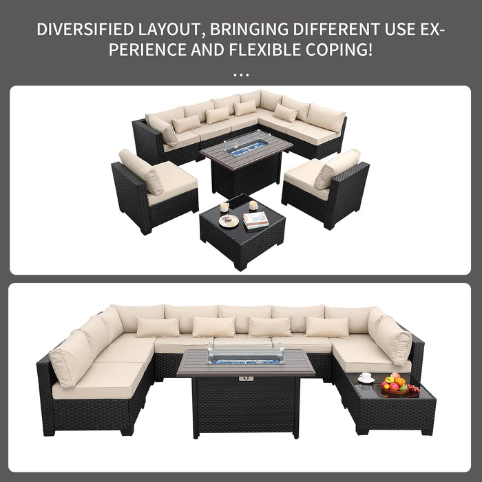 10 Pieces Outdoor Sectional All-Weather Wicker Patio Furniture Set Patio Sectional and Steel Fire Table and Glass Patio Table Non-Slip Cushions and Waterproof Covers, Khaki