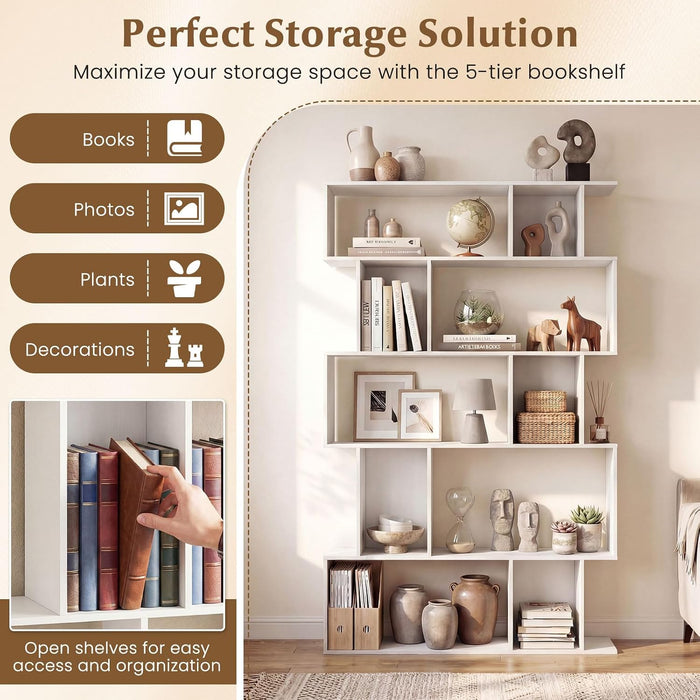 5-Tier Bookshelf, 10-Cube White Geometric Bookcase with 5 Closed-Back Cubbies, Anti-Toppling Kits, Open Display Storage Shelf for Living Room, Home Office, Bedroom