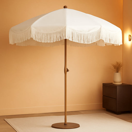 Boho Fringe Umbrella Outdoor Patio, 6.5Ft UPF50+ Picnic Umbrella with Tassels with Steel Pole and Push Button Tilt, Antique White