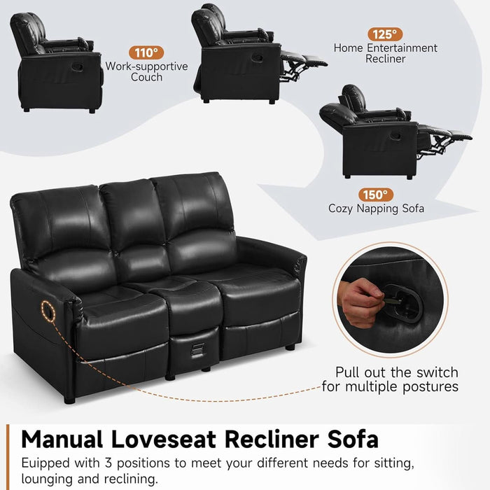 Manual Reclining Loveseat Sofa with Reversible Console, Double Recliner Couch with Cup Holders & Charging Ports, PU Leather 2-Seater Recliner Sofa for Living Room, RV, Small Spaces, Black