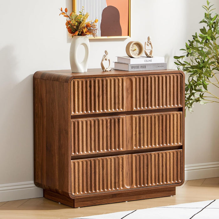 Walnut Fluted 3 Drawer Dresser With StorageCapacity