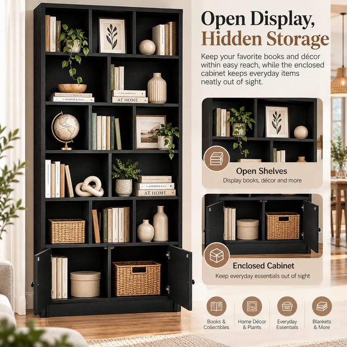 Bookcase with Doors and Open Shelves for Home Office and Living Room