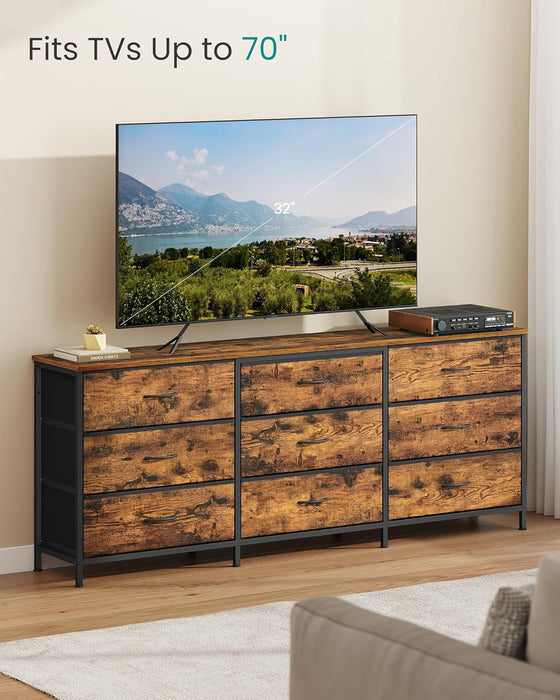 BELLAH Collection - Dresser for Bedroom, TV Stand for Tvs up to 70 Inches, Chest of Drawers for Living Room, Closet, Steel, 9 Drawers, Industrial, Rustic Brown and Ink Black ULGS233KD02S