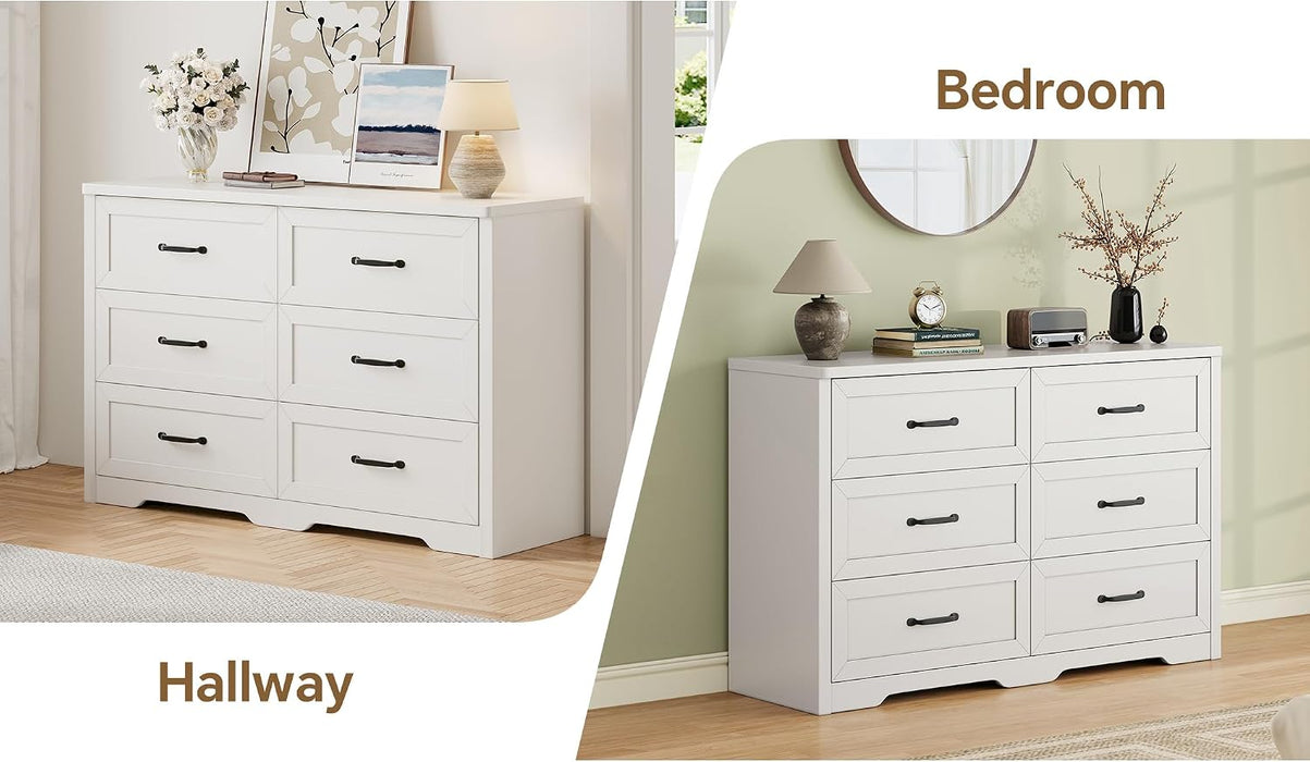 Farmhouse 6 Drawer Dresser for Bedroom, 47" W Modern Chest of Drawers with Metal Handles, Wood Dresser TV Stand, Dresser Drawer Organizer for Closet, Living Room,Hallway,White