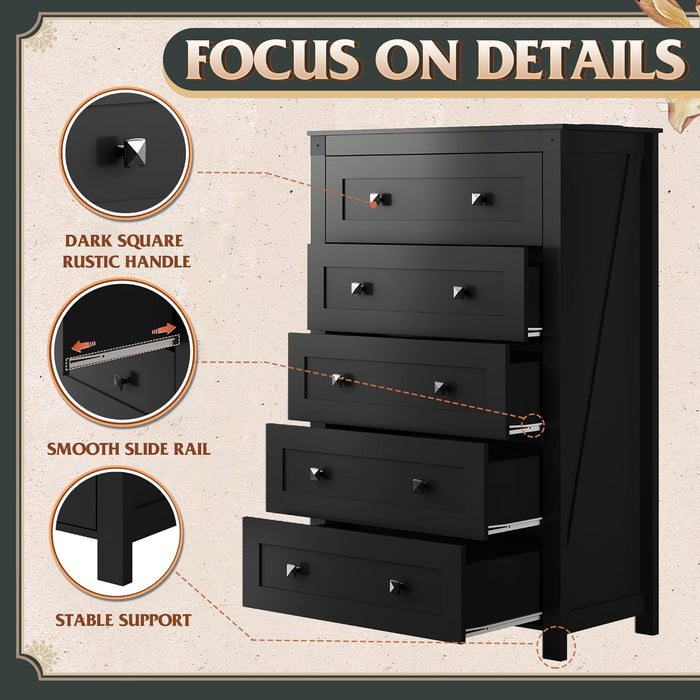 Farmhouse 5 Drawer Dresser for Bedroom, Wood Dresser Storage Organizer, Tall Black Dressers with Double Rustic Handle, Chest of Drawers for Living Room, Hallway, Closet